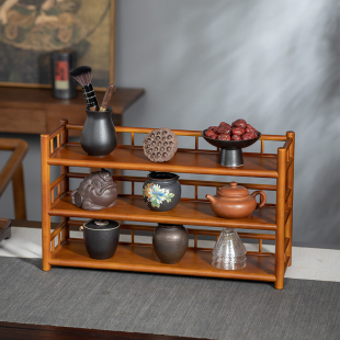 速发中式茶棚博古架茶置架三层围栏杯物架茶杯架子茶具收纳架楠竹