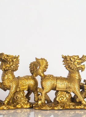 速发纯黄铜设麟摆件公母雌雄一对饰号客厅家居摆麒母子戏球装大品