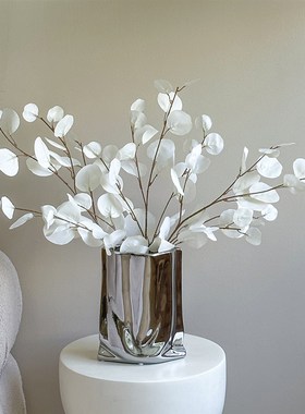 速发装镀银色白色尤加花叶花利瓶桌面花器电饰摆件