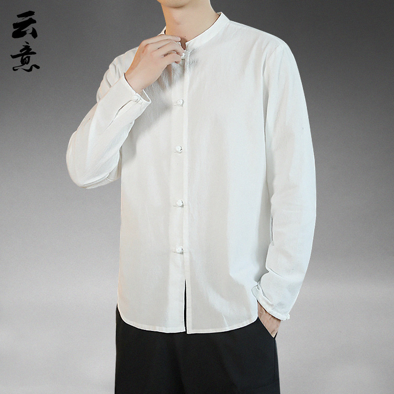 速发中式麻亚男装中国风长袖衬松立领盘扣春宽衣唐装棉麻