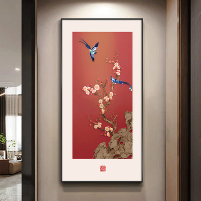 速发喜上枝头玄关装饰室新中式花鸟喜鹊挂画走廊书道过房茶画国风