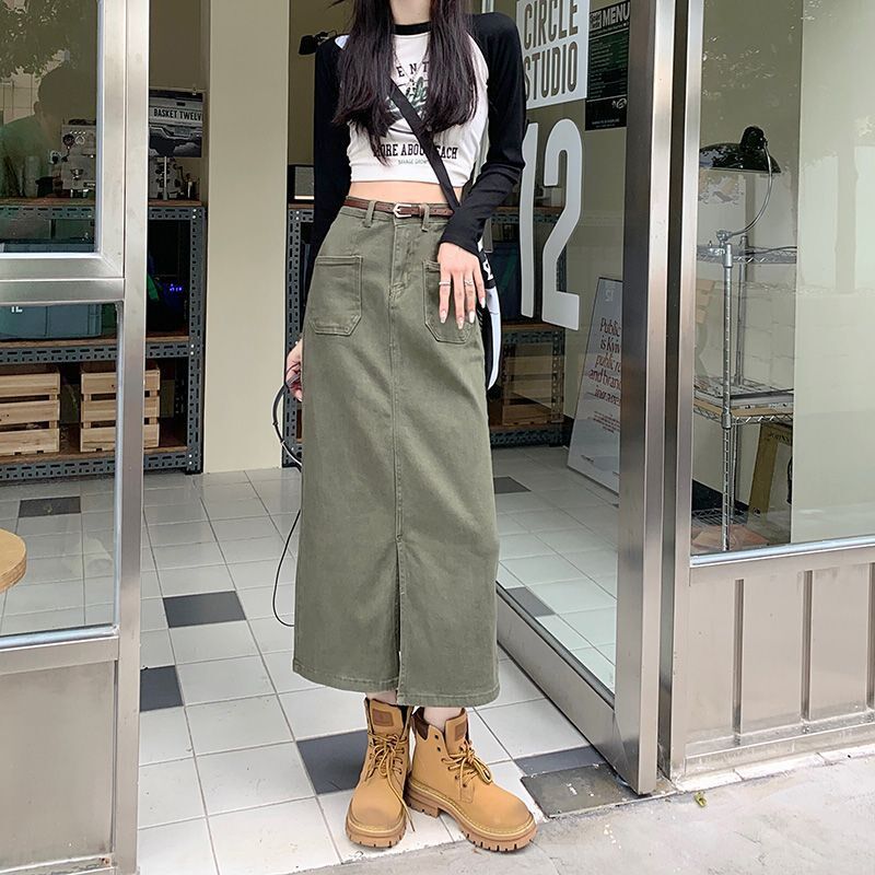 速发字高开叉工装半身裙卡其气质直筒A复裙古腰中长款弘智