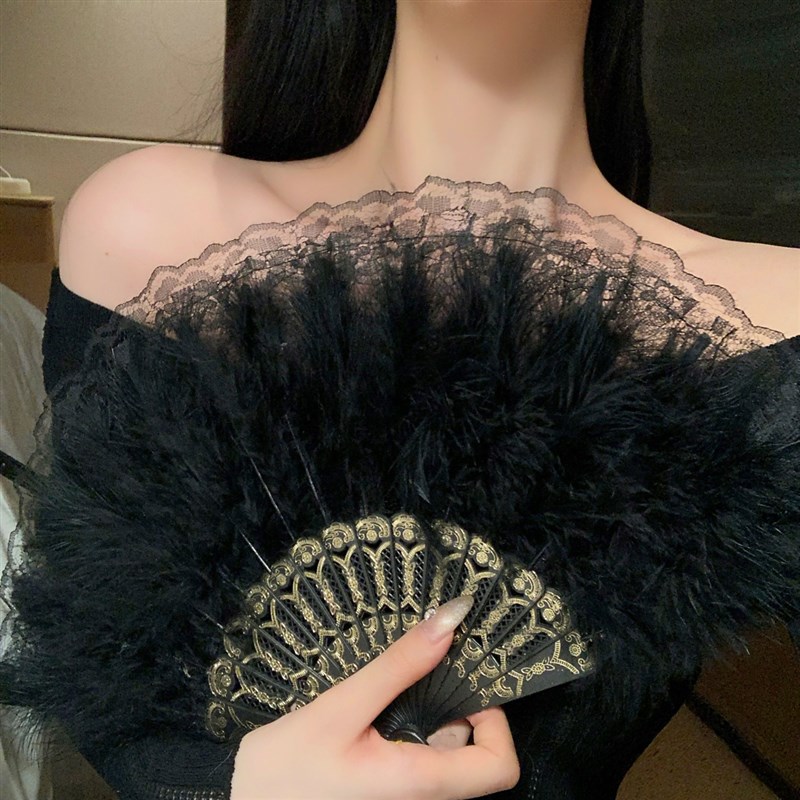 速发古风汉服旗袍扇子折扇中风国黑色扇毛羽新中式舞蹈扇复古装饰