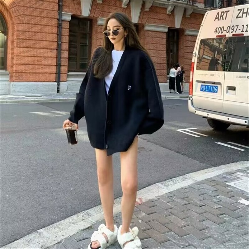 速发2025年春衫外套上衣秋衣针织秋毛款慵懒宽松中长款黑色开衫外