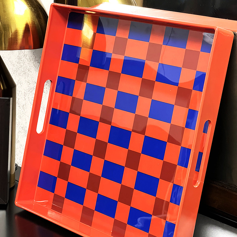 速发橙蓝黑白棋盘格托盘盘水盘装饰样板几茶间玄关收纳托茶正方形