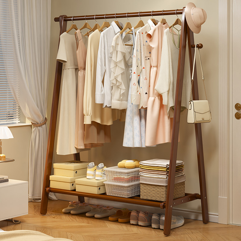 速发挂衣服落地卧室实木衣帽架物角室内衣架挂架木质衣服置三架晾