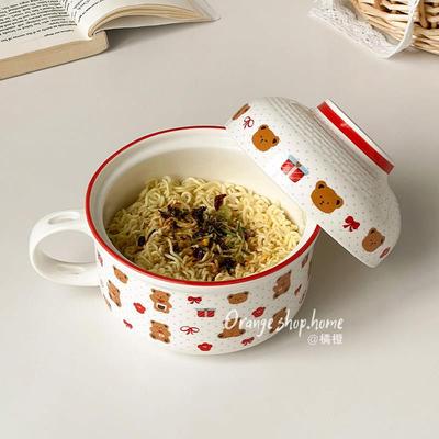 大容量陶瓷卡通带盖子泡面碗学生宿舍个人专用碗上班族食堂饭碗汤