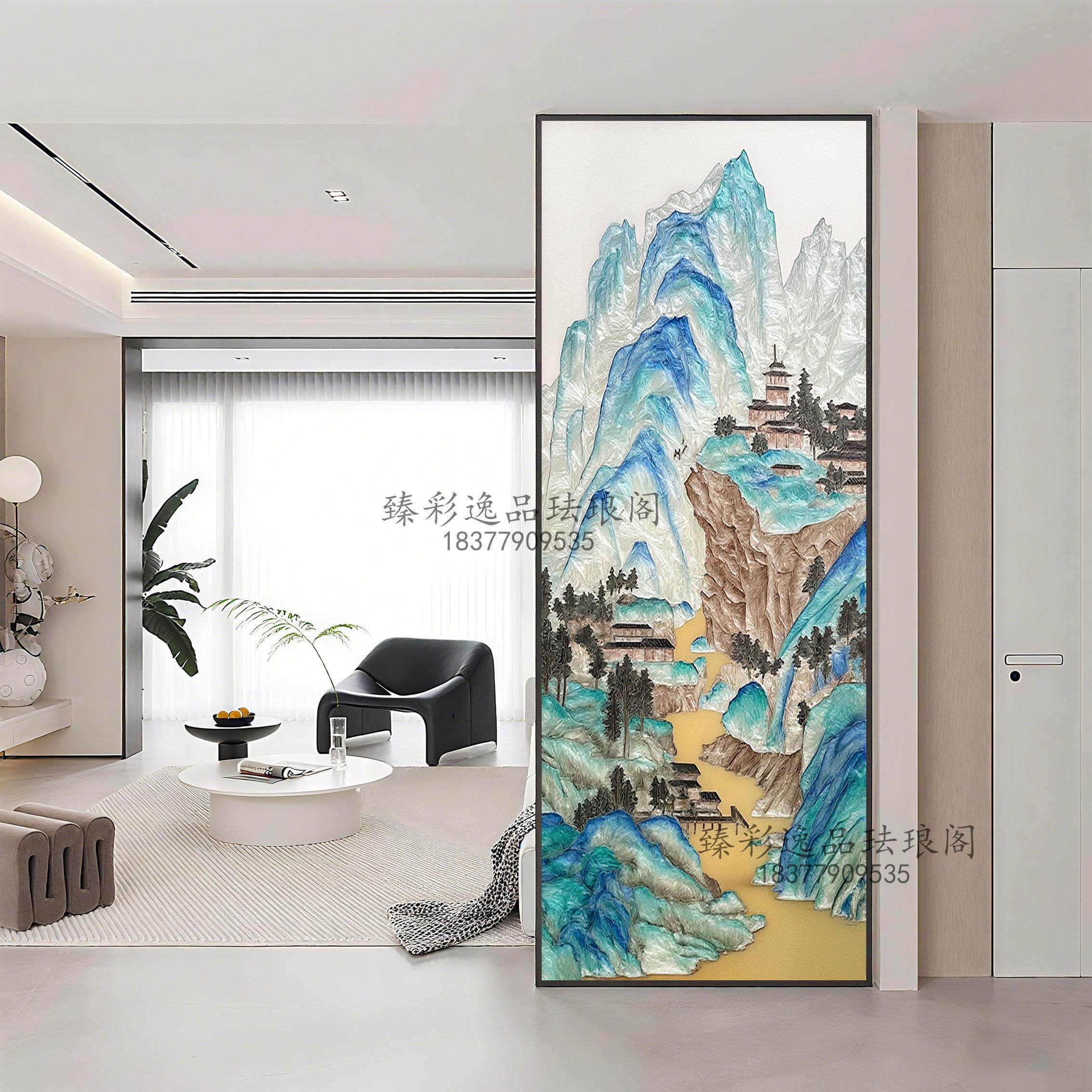 高端定制手绘掐丝珐琅彩千里江山图入户玄关客厅玻璃屏风隔断轻奢