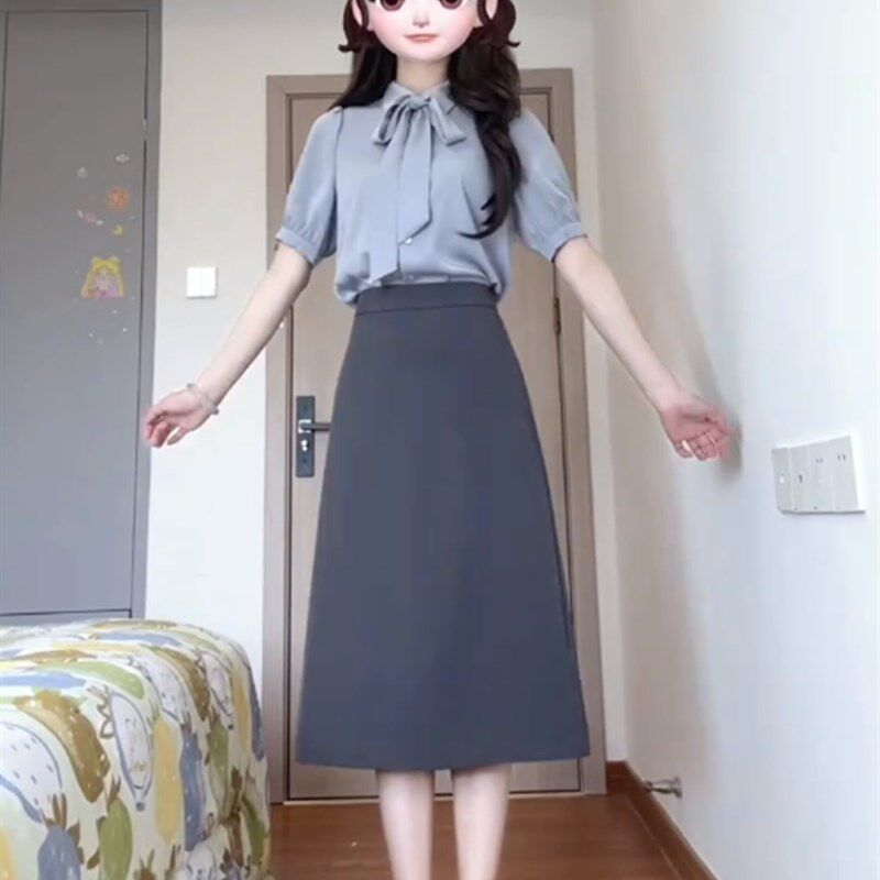 速发蓝色蝴蝶结衬衣正装夏大学生教资职业穿搭公务员套装裙