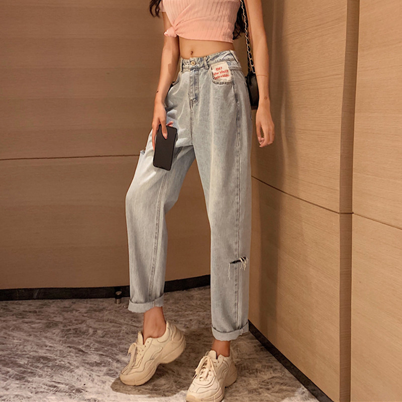 速发松腿ch破洞浅色牛仔裤2021年新款宽韩直筒阔版裤