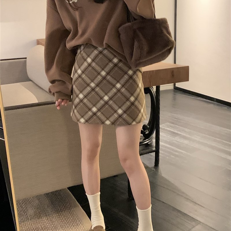 速发复古红色设计感格子高腰半身裙装春季甜美百搭a子气质短裙