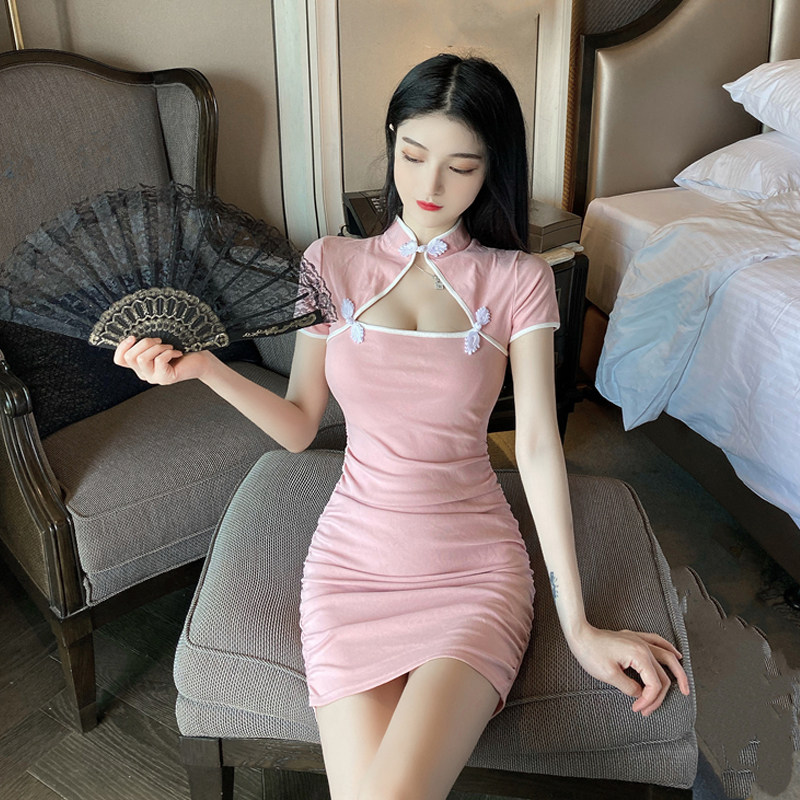 速发主播服装夜场店年轻款气质少性感低胸镂空短款旗袍改良版连衣