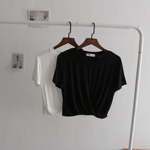 速发莫t尔打结短款代恤夏性个季薄款露脐纯色上衣T恤