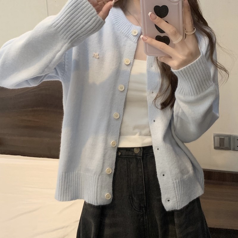 速发大早温柔新蓝色毛衣开衫2024码秋风款宽松遮肚子针织衫上衣