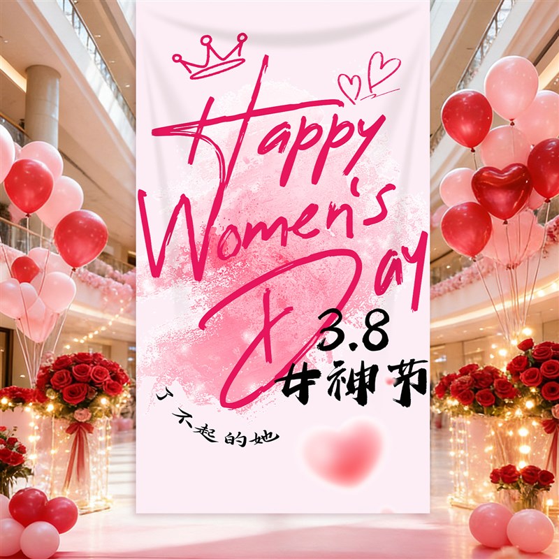 速发三八妇节场景布置装饰氛围神节商场珠宝店铺拍照背景条幅挂布