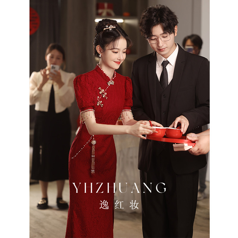 速发酒红色新娘敬酒服202新款鱼尾订婚晚礼服中式旗袍改良结婚洋