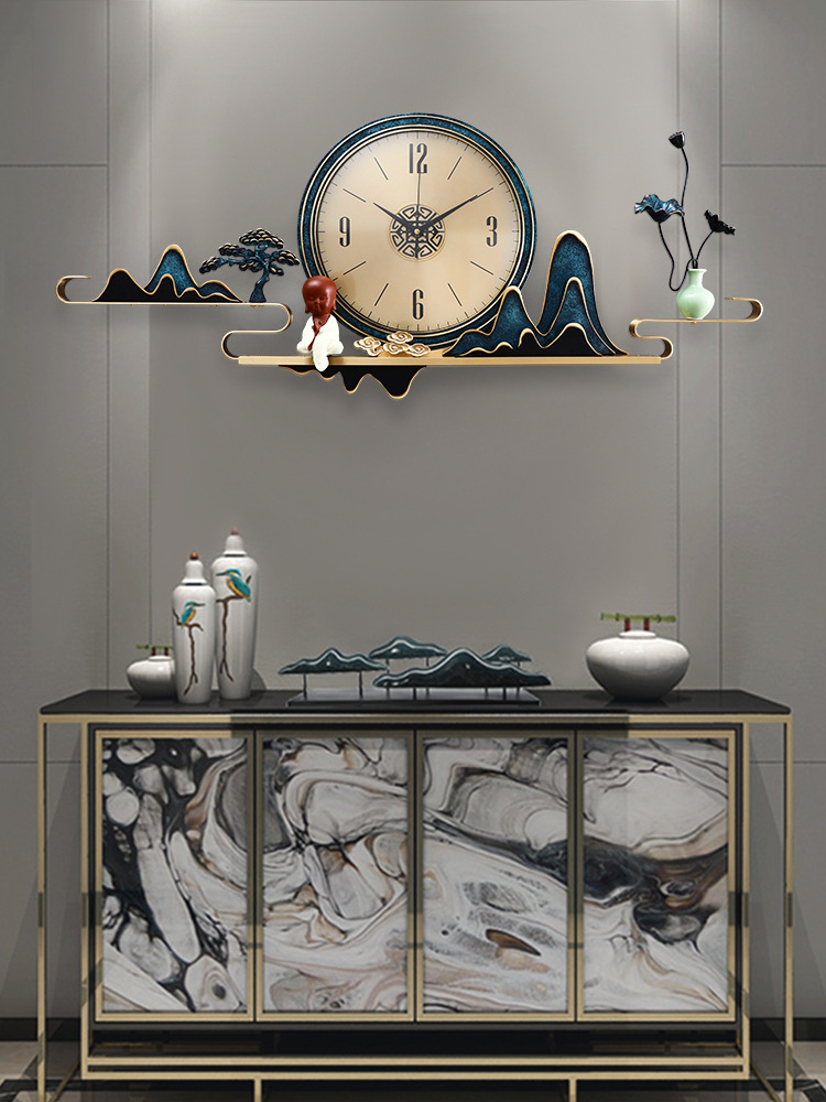 新中式黄铜客厅背景墙装饰挂钟轻奢创意时钟挂墙2022新款大气钟表