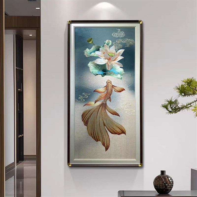 现代简约新中f式入户玄关画刺绣荷花鱼装饰画上档次走廊织锦绣挂图片