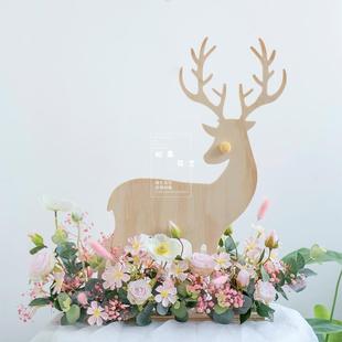 饰花店橱窗摄影生日活动拍照桌面布置道具 木质小鹿绢花花艺摆件装