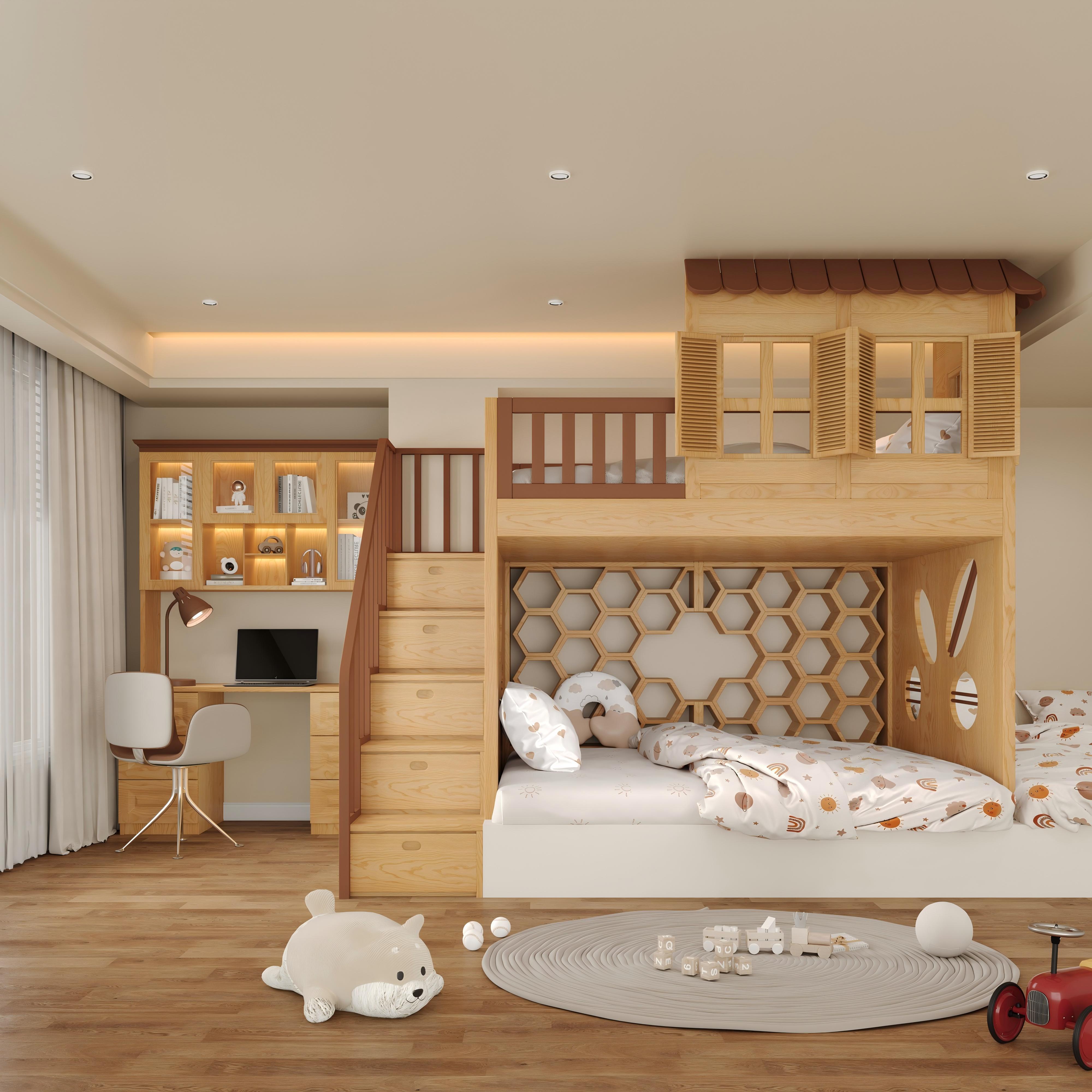 榻榻米床上加床原木风儿童房定制实木树屋互不干扰床小户型分隔床