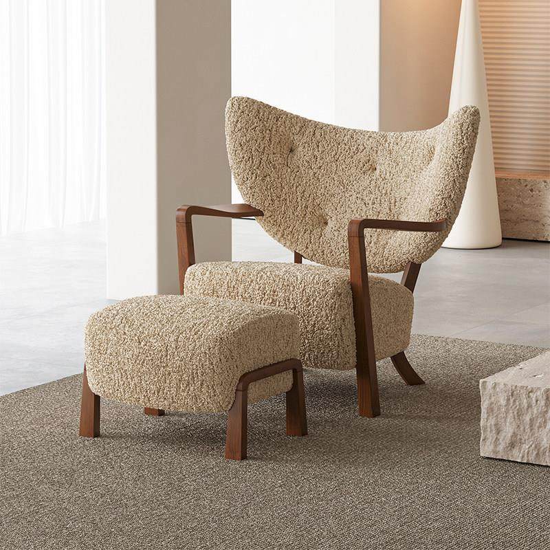 伍尔夫休闲椅奶茶棕法式复古风实木中古羊羔绒单人沙发椅现代简约