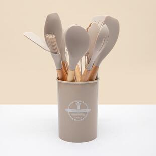 12件套烘焙工具收纳桶不粘锅铲厨房用具烹饪套装 木柄硅胶厨具套装