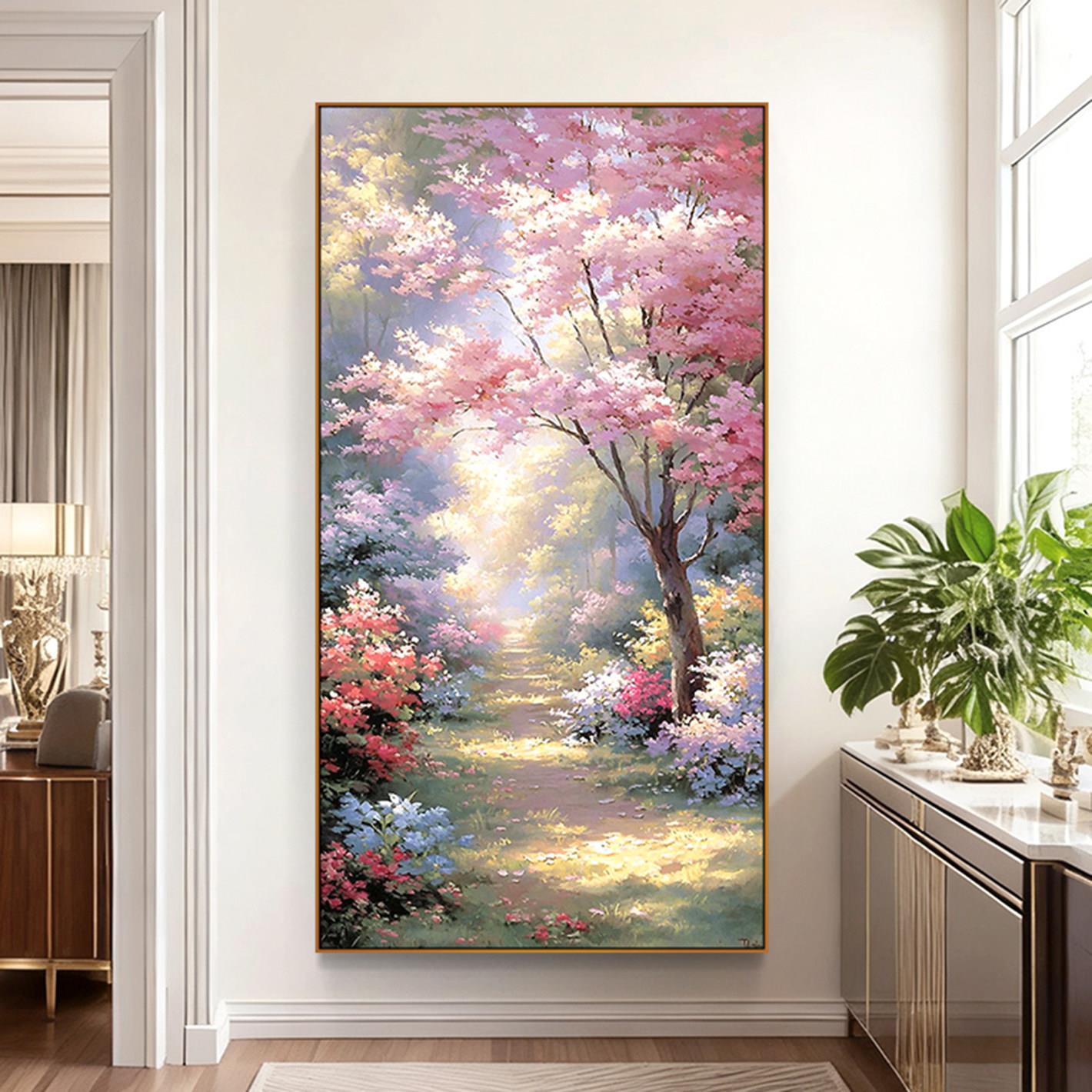 欧式油画莫奈花园粉色花树风景客厅卧室玄关挂画高品质装饰画