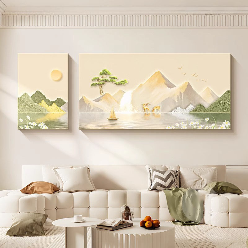 日照金山奶油风两联无框装饰画