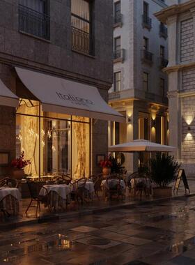 blender欧式户外咖啡馆场景街巷西餐厅模型3D工程文件写实渲染