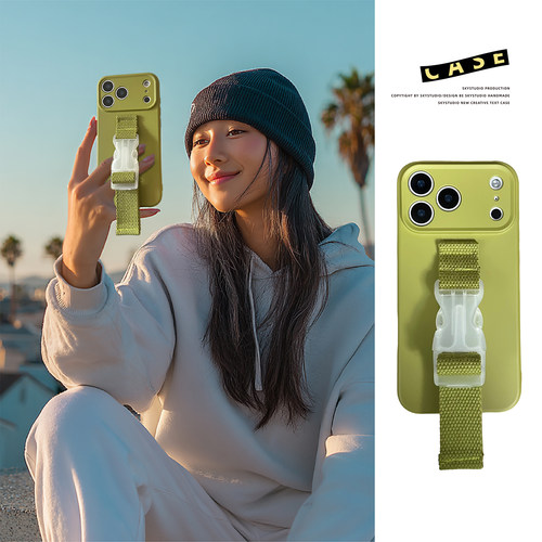 液态豆蔻绿腕带苹果18promax手机壳纯色官网同款适用iPhone17斜挎支架air简约18pro硅胶防摔17ARI镜头全包款