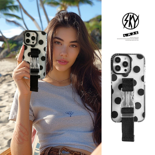 镭射光油波点苹果16promax手机壳适用于iphone15plus腕带支架14斜挎可背13穿衣百搭12送炫彩纸11黑白女款 软套