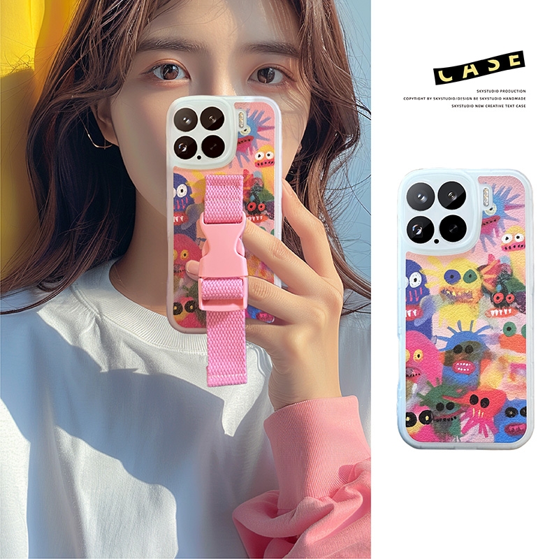 卡通毛怪腕带小米15手机壳适用14至尊13/12s支架11青春红米K80pro斜挎50/60/70E小羊皮NOTE14proplus5G软套女