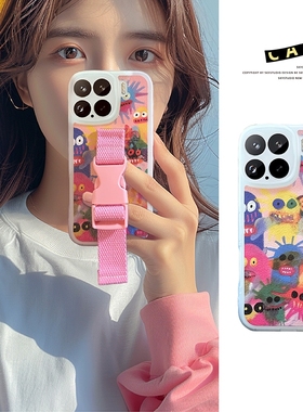 卡通毛怪腕带小米15手机壳适用14至尊13/12s支架11青春红米K80pro斜挎50/60/70E小羊皮NOTE14proplus5G软套女