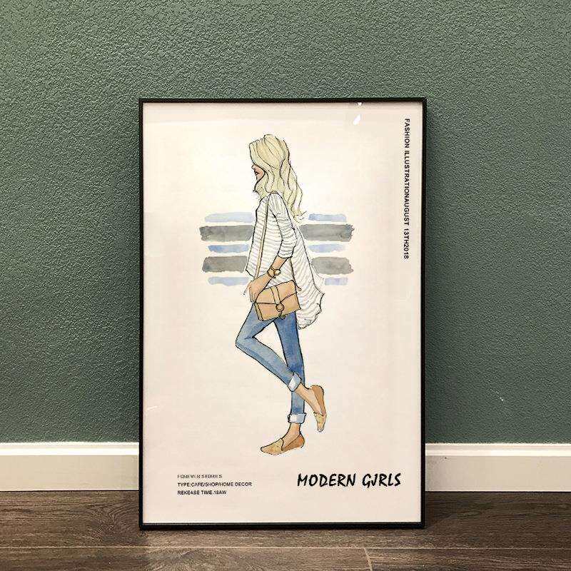 时尚女郎芭莎老佛爷简笔手绘挂画服装店养生馆版画客厅卧室装饰画