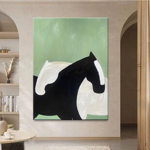 手绘油画黑白骏马客厅玄关装饰画绿色抽象动物艺术餐厅儿童房挂画