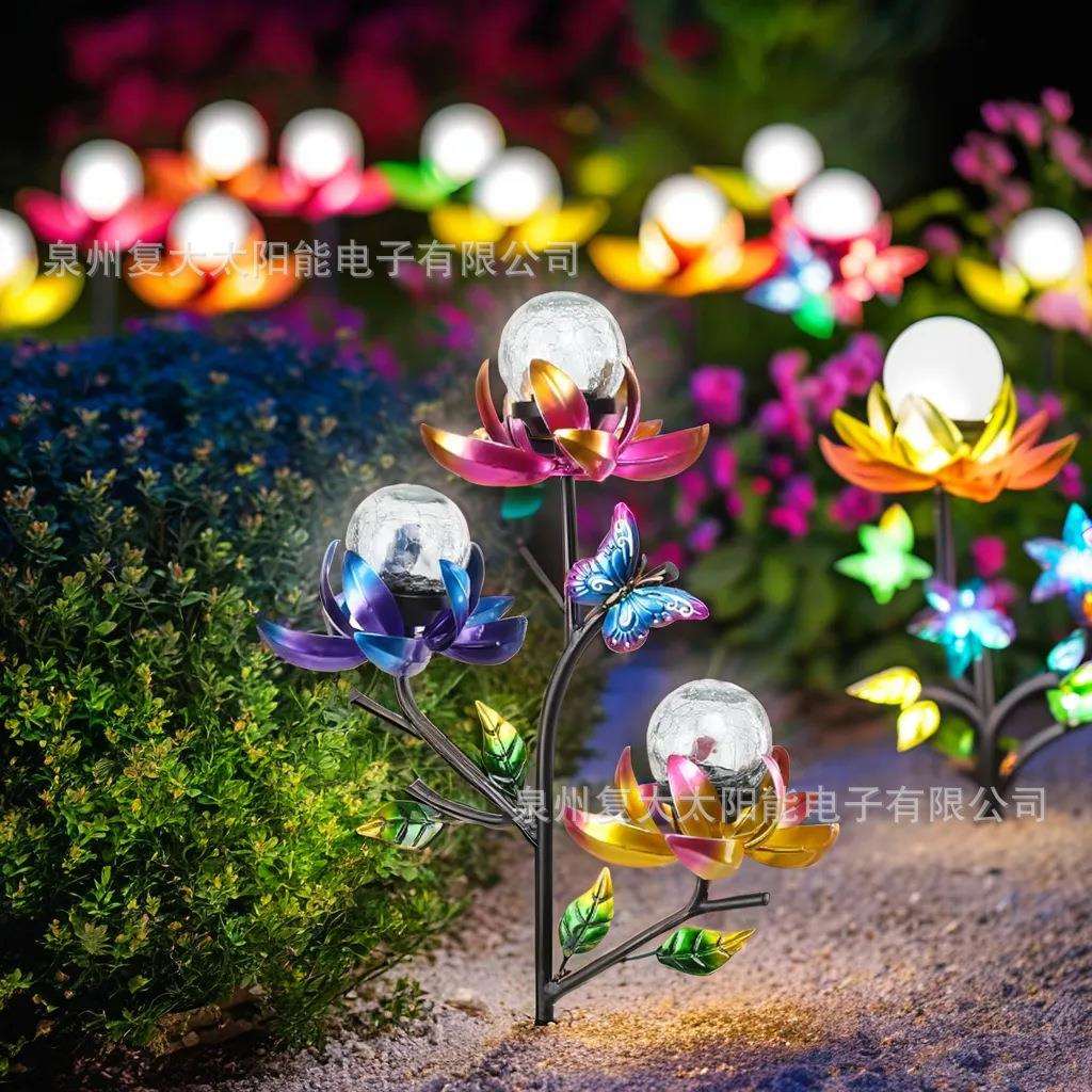 跨境太阳能风车铁艺灯 LED玻璃球风车地插灯三个叶子小风车装饰品