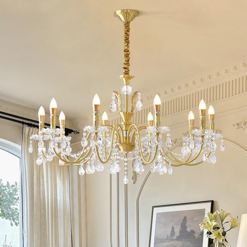 复古美式全铜水晶吊灯高端轻奢客厅蜡烛灯饰创意卧室餐厅书房吊灯