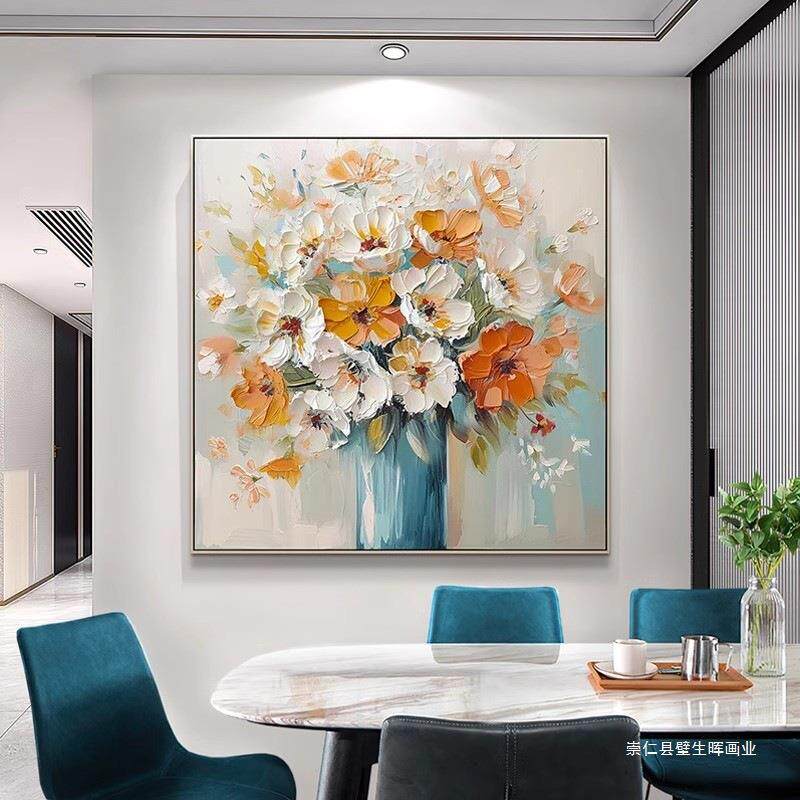 手绘油画美式餐厅挂画轻奢法式玄关装饰画现代风客厅肌理花卉壁画