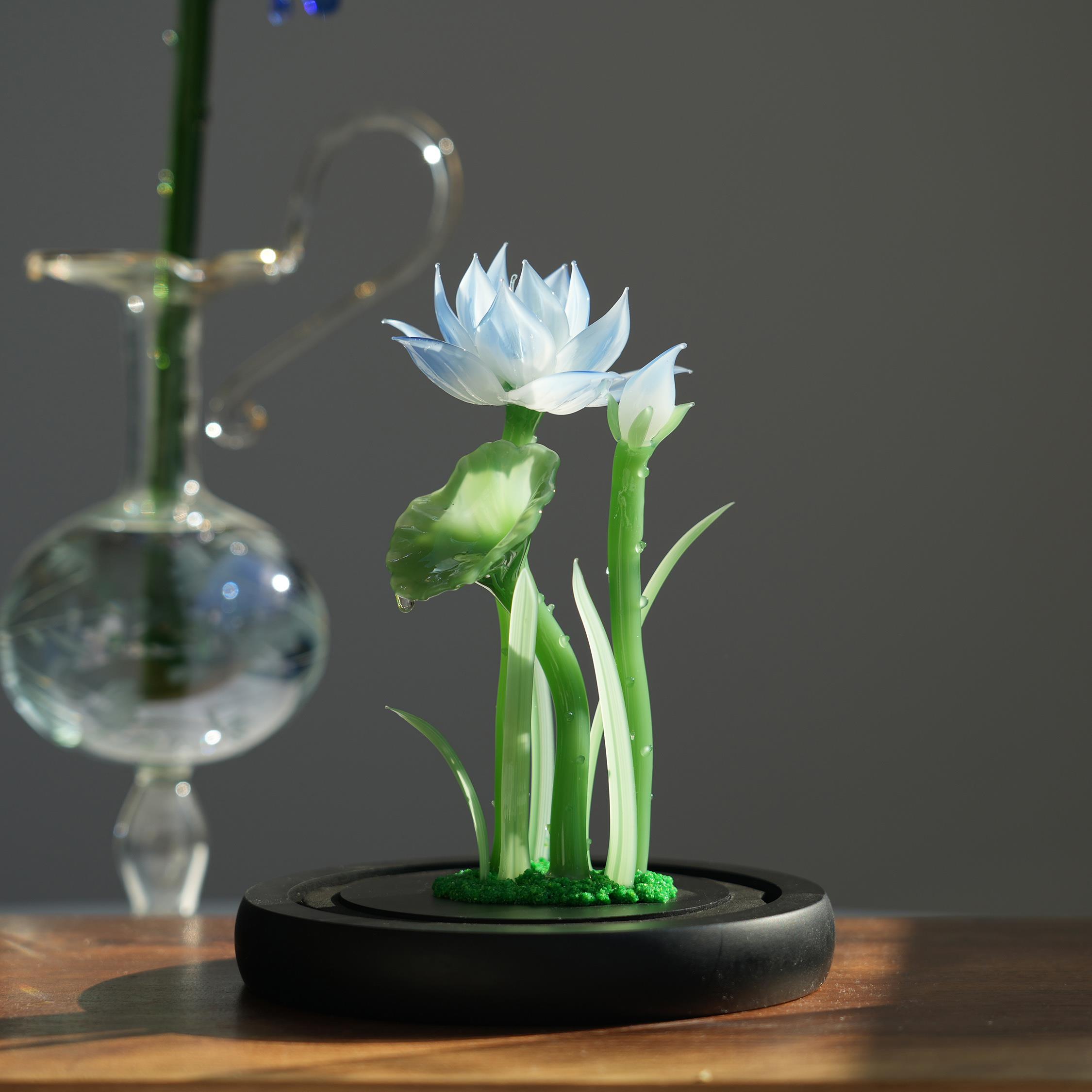 淄博琉璃手工艺品荷花桌面摆件治愈玻璃罩永生花好运莲莲装饰礼物