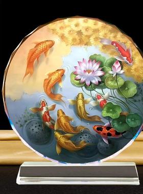 荷花鲤鱼图水晶饰品装饰画吸引财富和每年九鱼图新中国风锦鲤桌面