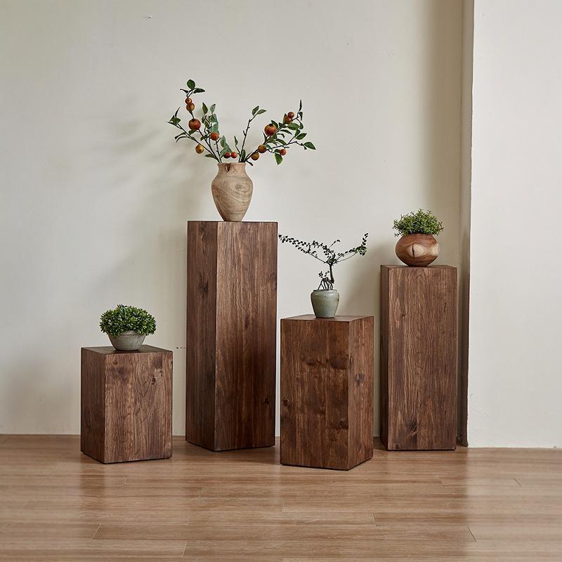 诧寂风实木方形花架客厅玄关落地摆件民宿复古木桩展示架原木花几