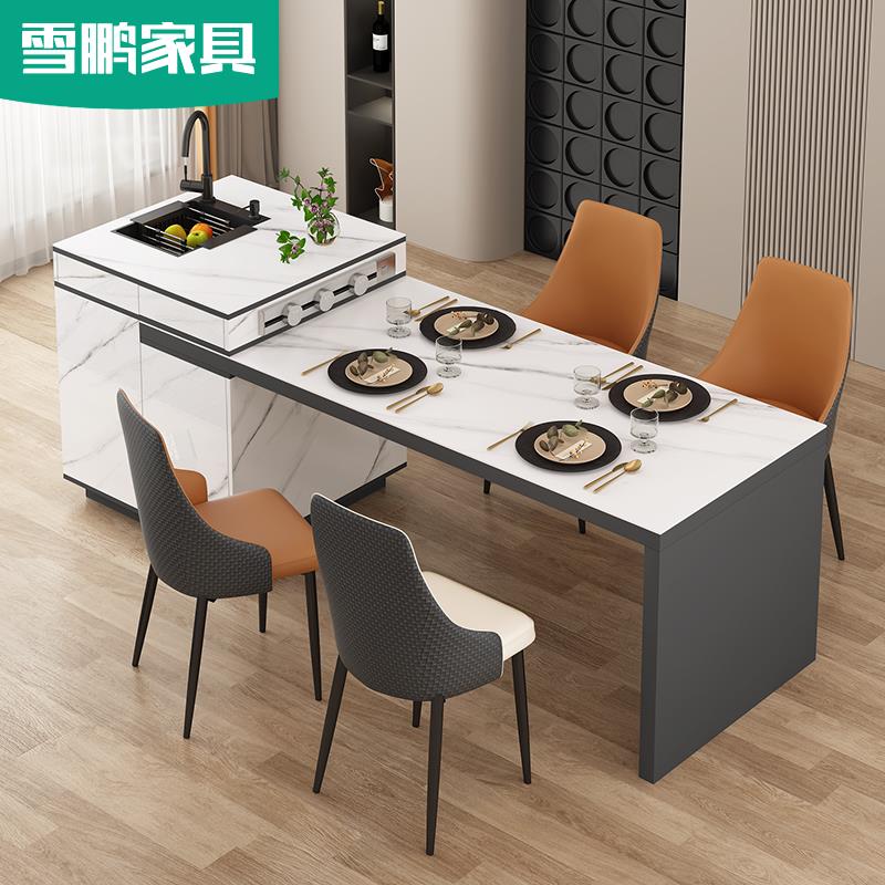 轻奢厨房餐厅岩板可伸缩中岛台餐桌一体嵌入水槽家用茶桌吧台6E6