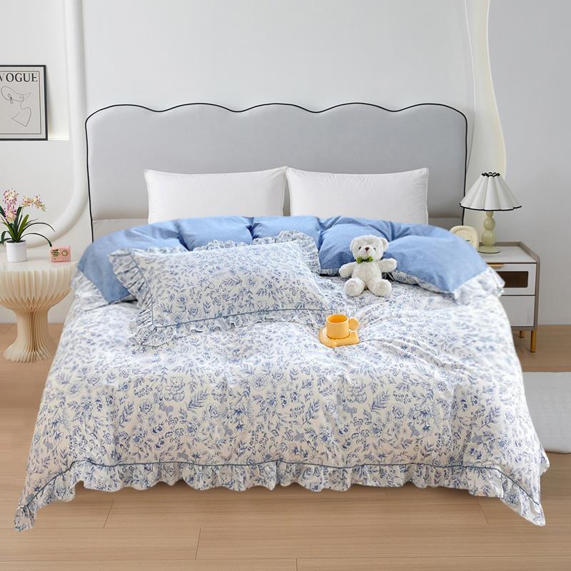 2025韩版四季款全棉蓝色斜纹活性印花青花被套单件公主风花边被罩