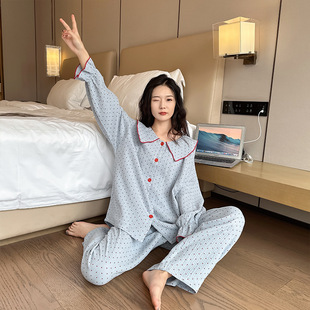 新款 胖mm睡衣俏皮大翻领波点胖MM可外穿家居服舒适Y545