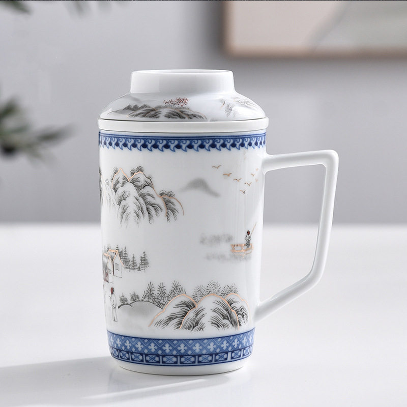 陶瓷茶杯过滤泡茶杯高档办公杯家用马克杯带盖茶水分离杯子