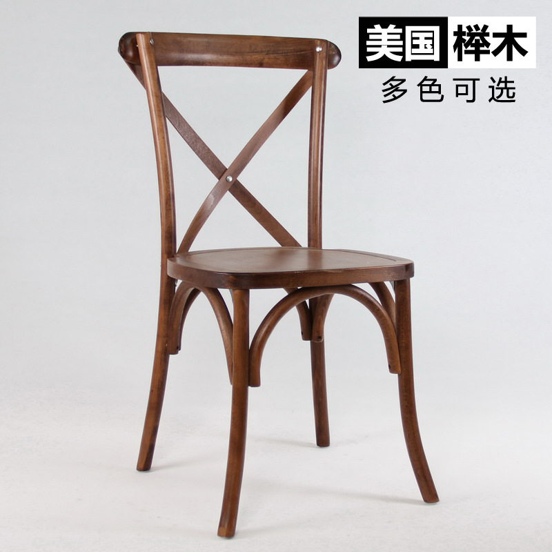 欧式仿古棕色原木色餐椅 做旧风格实木叉背椅 平板座垫叉背形餐椅