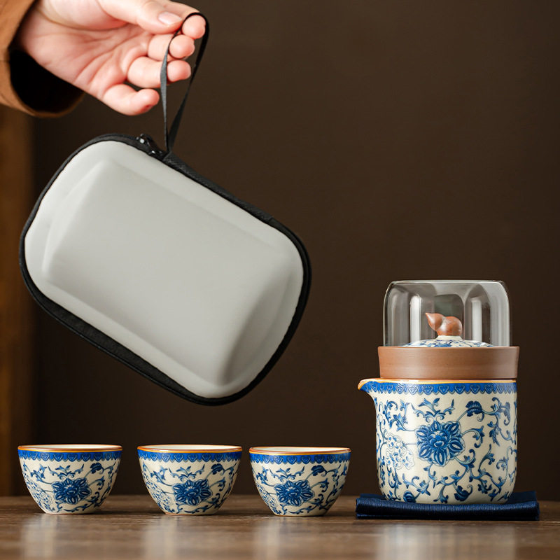 汝窑青花缠枝莲旅行茶具套装一壶三杯便携式快客杯户外露营泡茶壶
