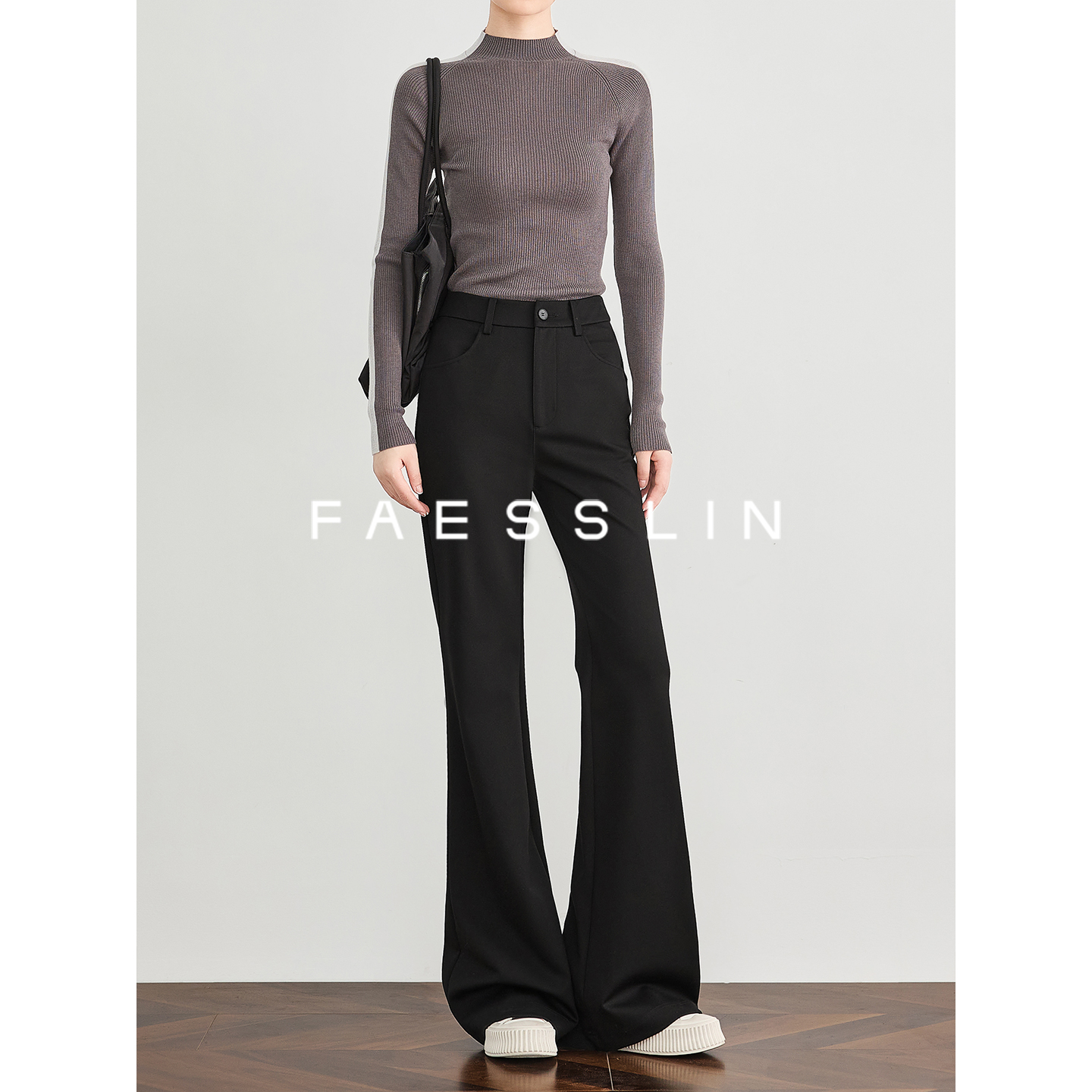 FAESSLIN黑色微喇休闲裤女2025秋冬新款修身显瘦直筒百搭喇叭裤
