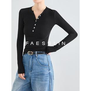 显瘦针织上衣 FAESSLIN美式 V领衬衫 T恤女2025春秋新款 性感辣妹修身