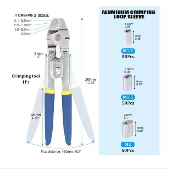 150pcs盒装8字形铝管套M1.2M1.5M2压线钳组合钢丝绳铝套钳套装